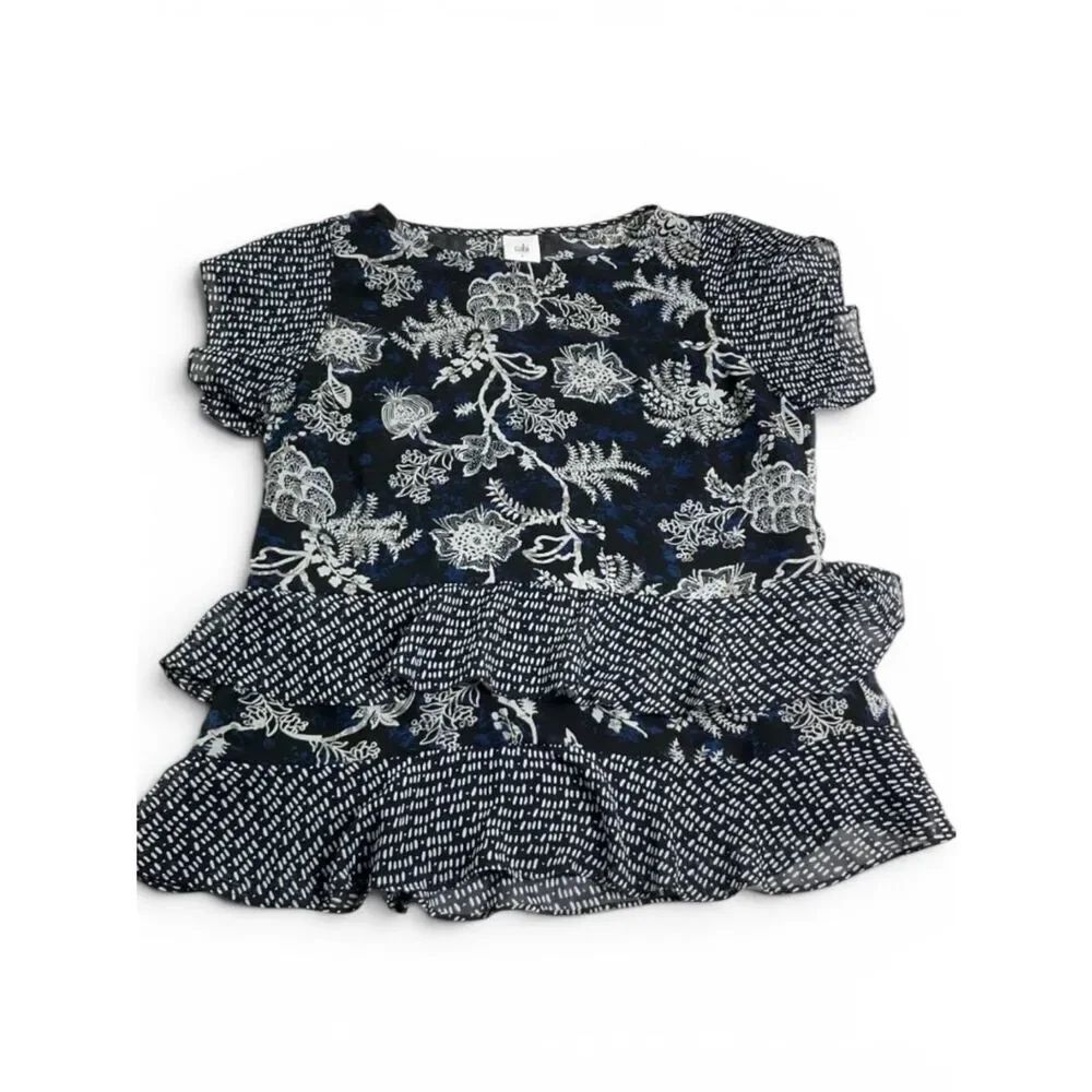 Cabi Hybrid Blouse Batik Print Layering Tiered Ruffled Lightweight Flowy Shirt S
